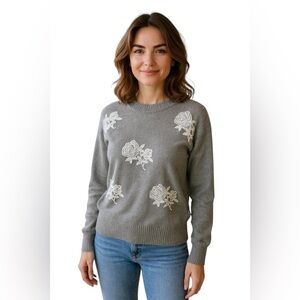 Say What? Gray Sweater with White Floral Design